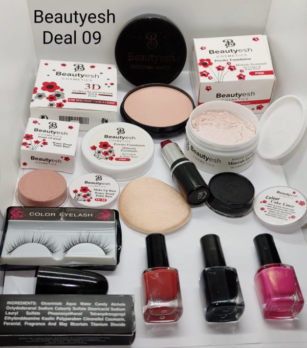Elegant Beautyesh Deal 9 Face Powder , Loose Powder , Cake Liner , False Eyelash Red Lipstick , Makeup Base & 3 Surprise Nail Polishes</h1>