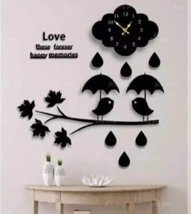Love Birds With Umbrella Standing On Tree Branch Cloud Raining Wooden Wall Clock
